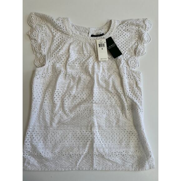 Lauren Ralph Lauren Women's Eyelet Flutter Sleeve White Top Size M NWT - Picture 5 of 10